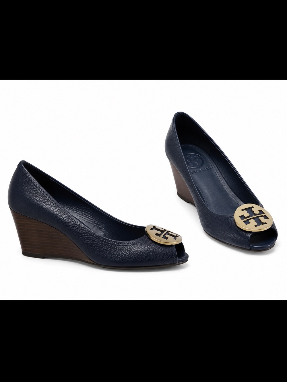 Tory Burch Navy Wedge Shoes Sally Gold emblem peeptoe